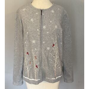 Croft & Barrow Cardigan Sz PL Full Zip Gray‎ Cardinals Birds Holiday Winter Snow